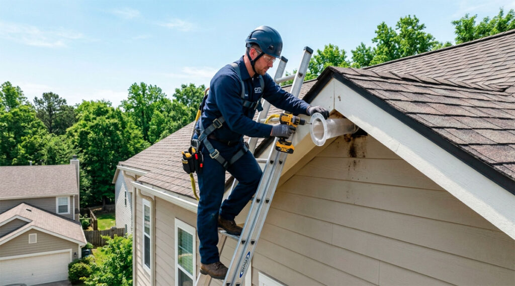 A professional pest control technician installing a one-way bat exclusion door on a home in Hamilton, Massachusetts.