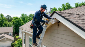 A professional pest control technician installing a one-way bat exclusion door on a home in Hamilton, Massachusetts.