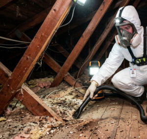 A professional pest control technician wearing a hazmat suit and respirator cleaning bat guano from an attic in Newburyport, Massachusetts.