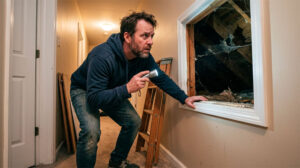 A homeowner looking up at an attic, illustrating the risks of DIY bat removal without proper protective gear in Salisbury, Massachusetts.