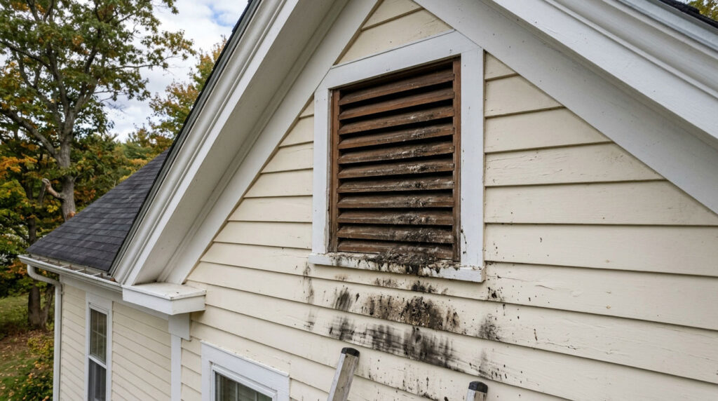 Dark smudge marks and bat guano near an attic vent indicating a bat infestation in an Amesbury Massachusetts home. 
