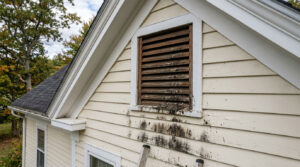 Dark smudge marks and bat guano near an attic vent indicating a bat infestation in an Amesbury Massachusetts home. 